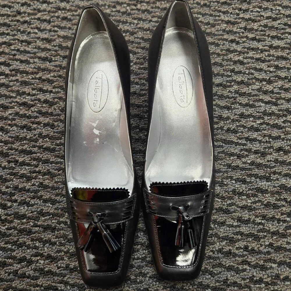 Talbots Black Leather Tassel Pumps 8 AA Narrow Loafer Heels Square Toe Brazil